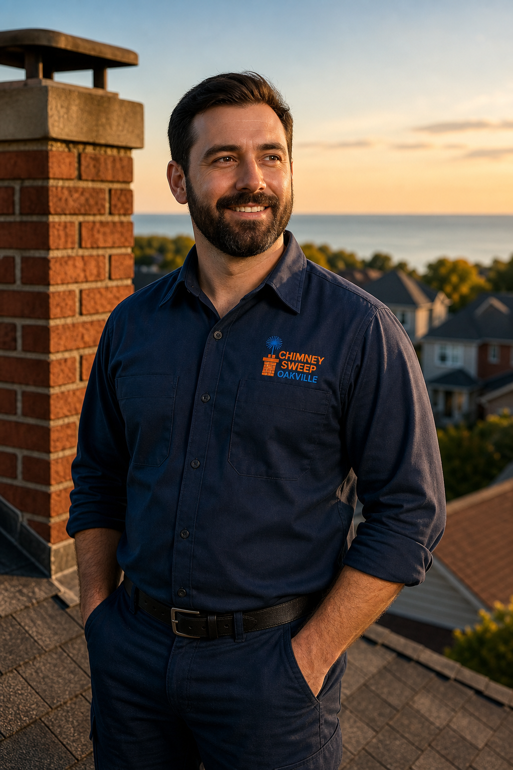 WETT-certified Chimney Sweeps Oakville technician in branded uniform beside an Oakville brick chimney